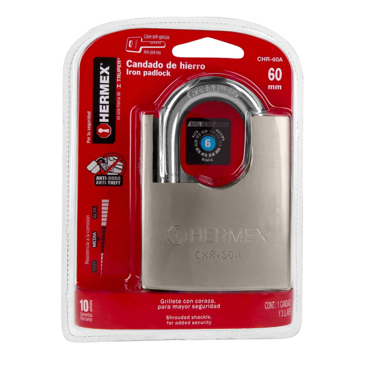 Candado 60 mm cuerpo acorazado de hierro, llave anti-ganzúa Hermex6