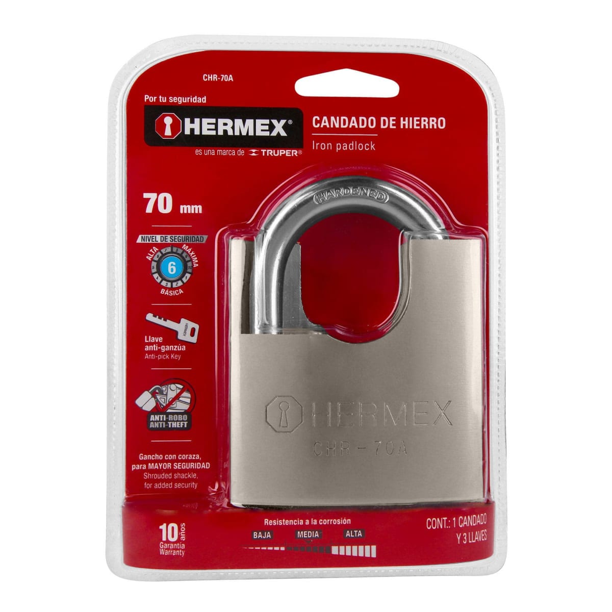 Candado 70 mm cuerpo acorazado de hierro, llave anti-ganzúa Hermex6