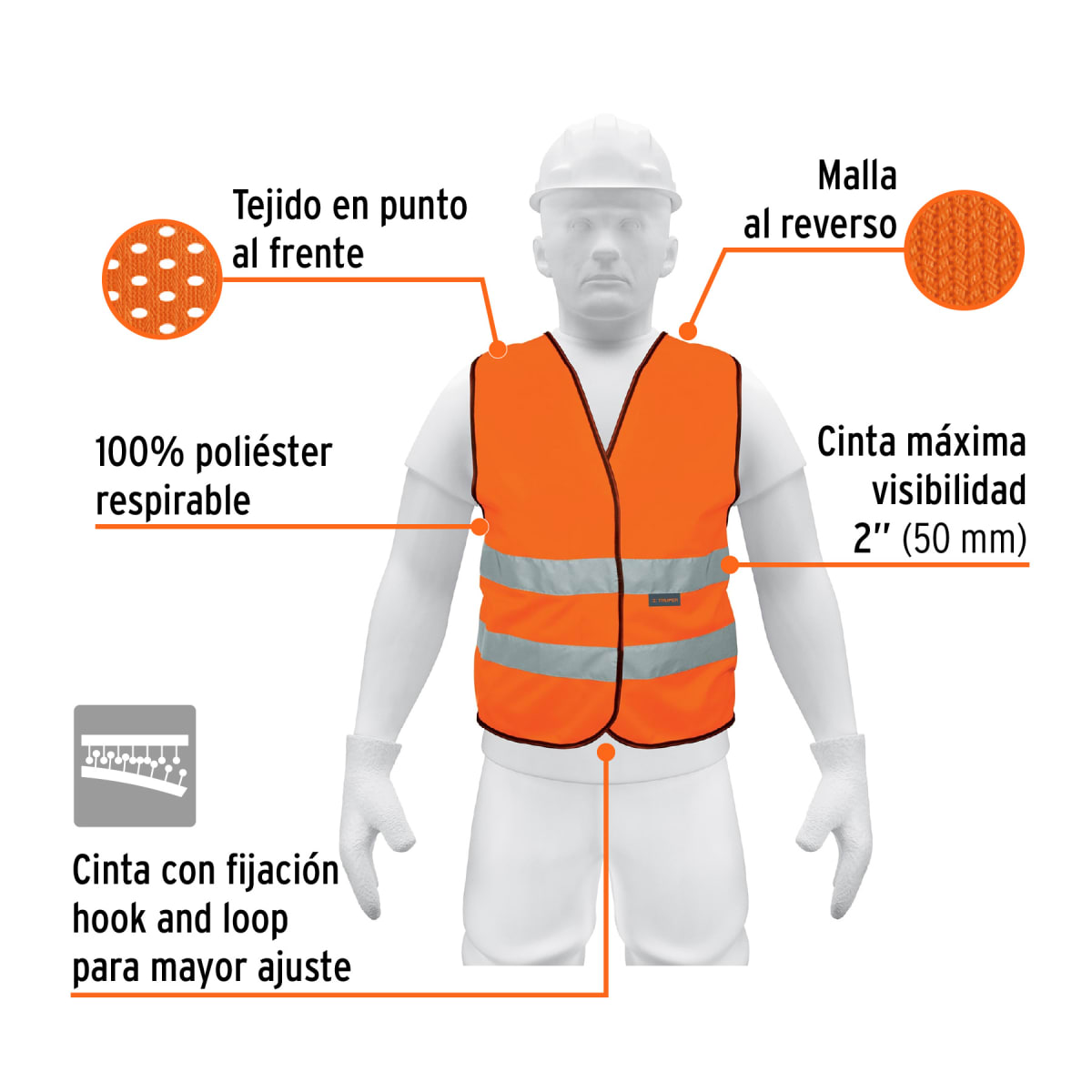 Chaleco de seguridad naranja con cintas de alta visibilidad Truper2