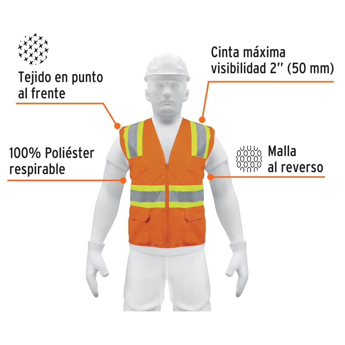 Chaleco de seguridad naranja max visibilidad y 6 bolsas Truper2