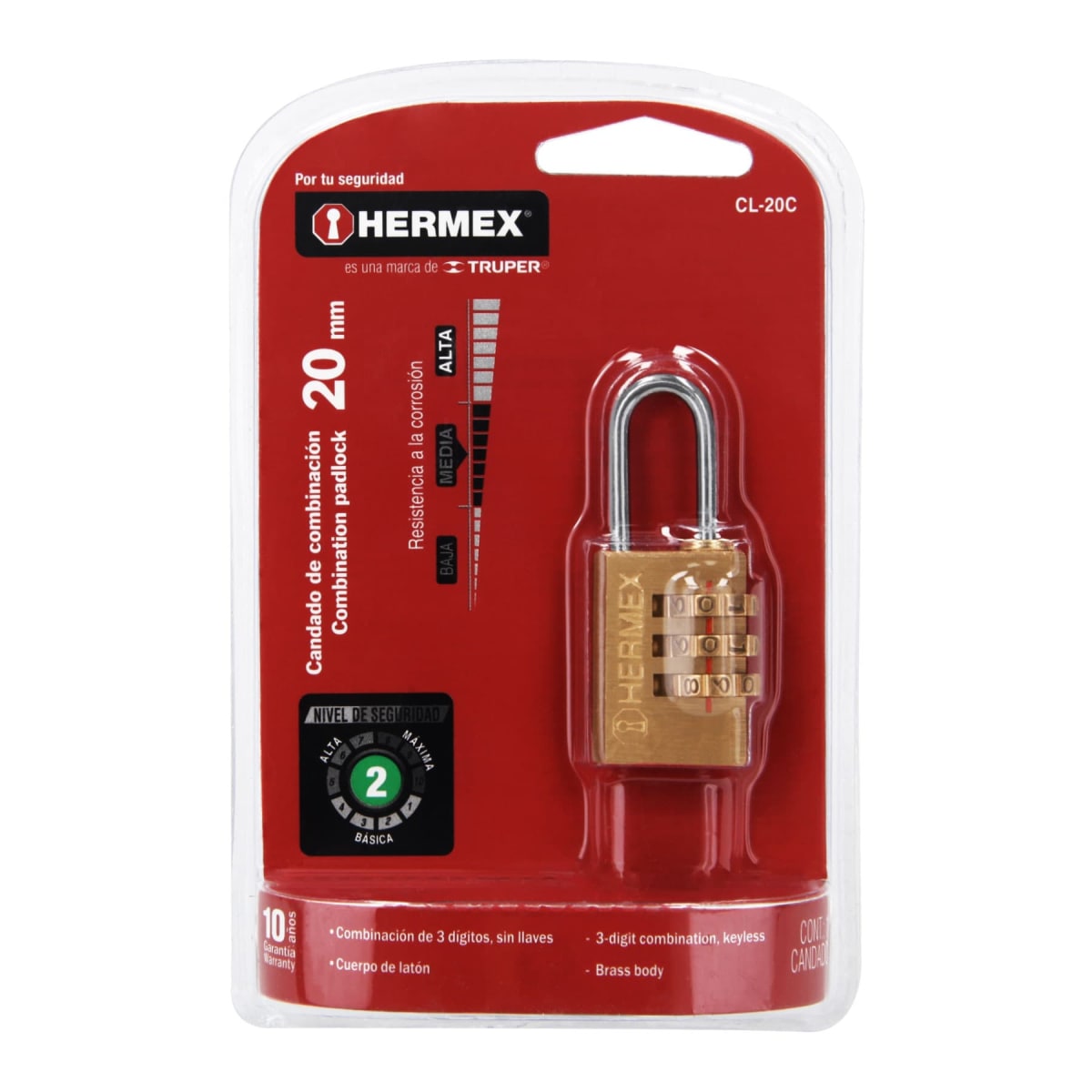 Candado de combinación 20 mm cuerpo de latón en blíster Hermex1