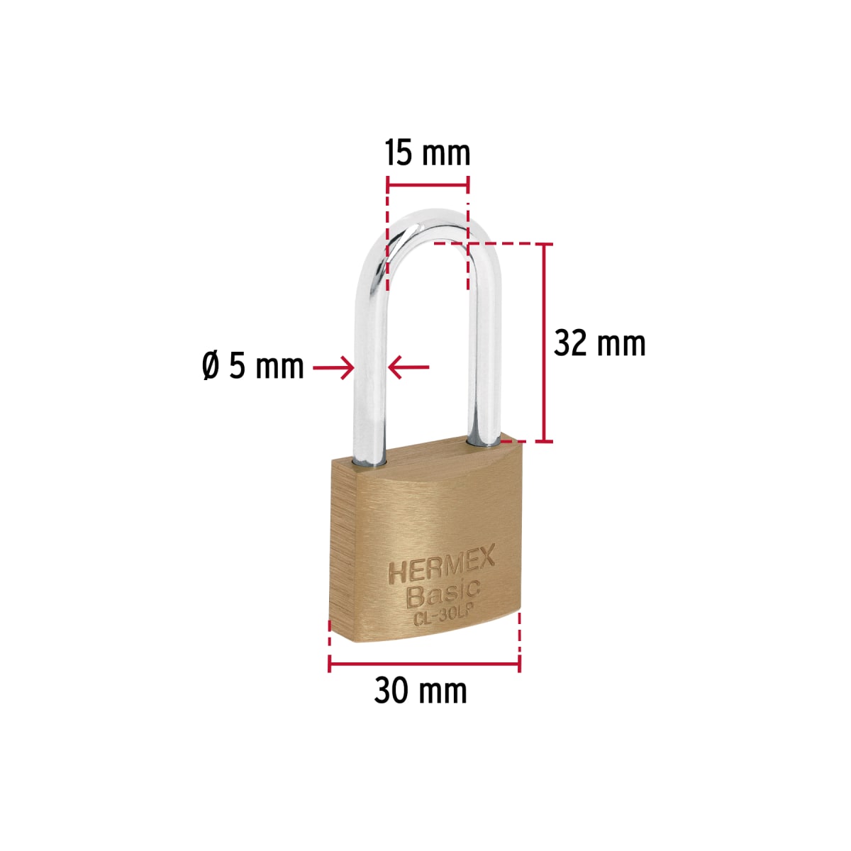 Candado de latón 30 mm arco largo, en blíster, Hermex Basic3