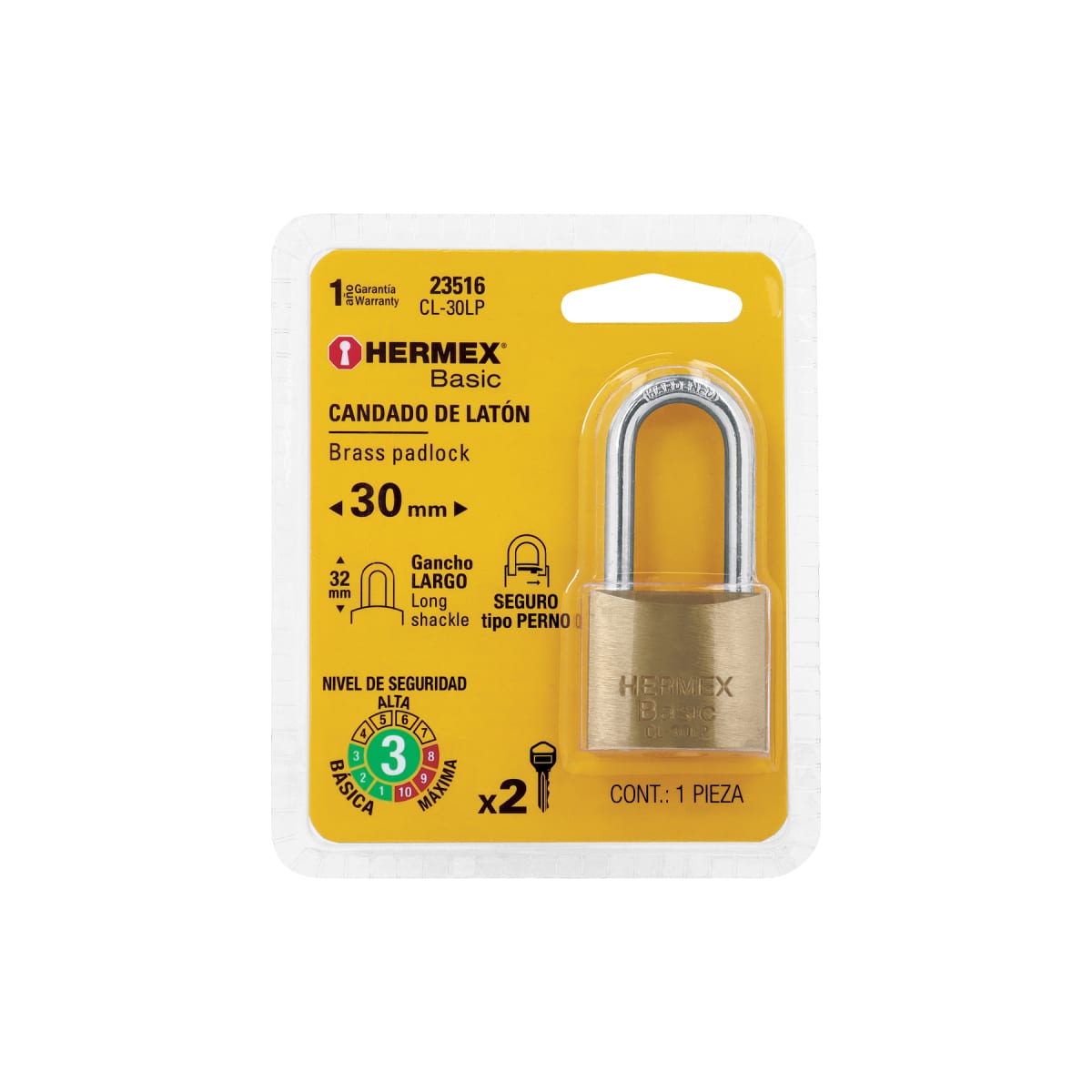 Candado de latón 30 mm arco largo, en blíster, Hermex Basic6