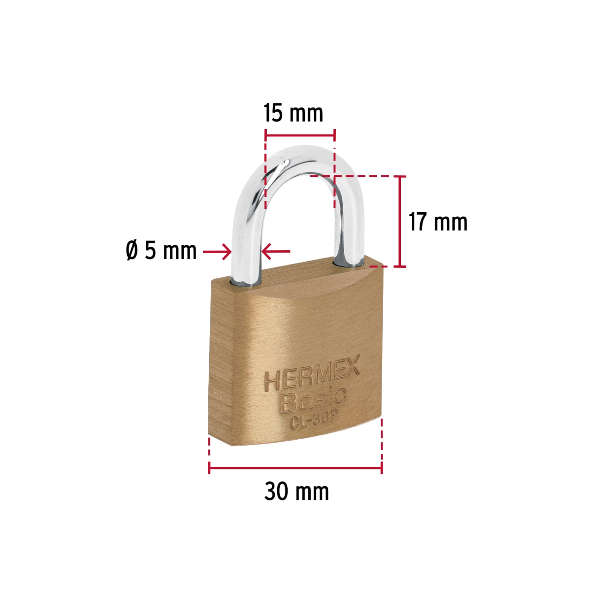 Candado de latón 30 mm arco normal, en blíster, Hermex Basic3