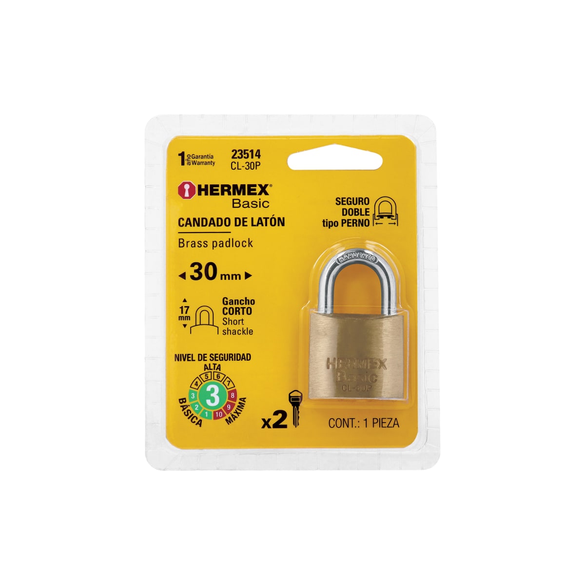 Candado de latón 30 mm arco normal, en blíster, Hermex Basic6