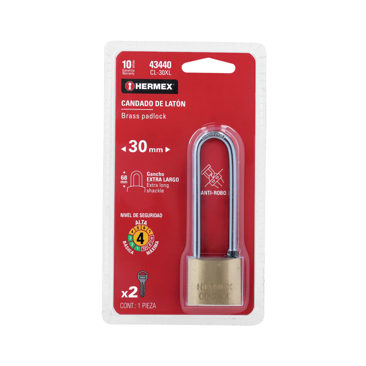 Candado de latón 30 mm arco extra largo en blíster Hermex5