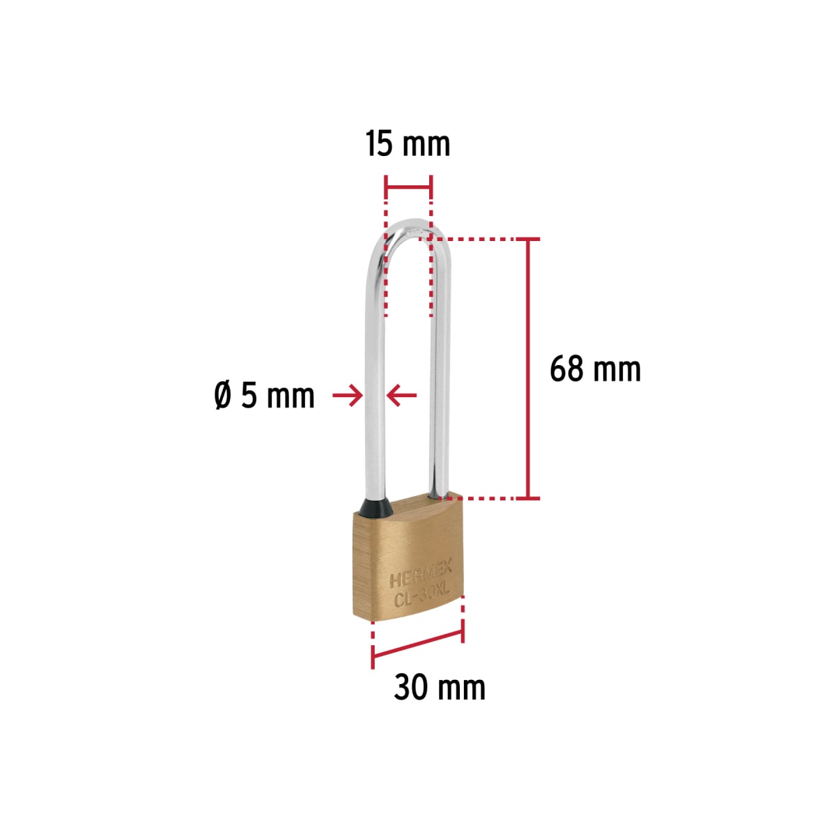 Candado de latón 30 mm arco extra largo en blíster Hermex2