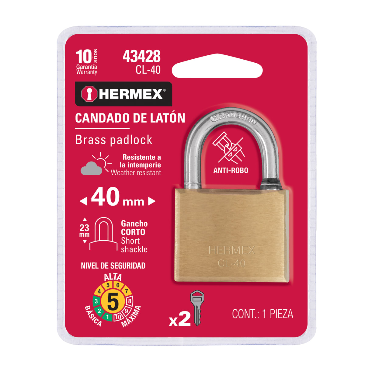 Candado de latón 40 mm arco normal en blíster hermex6