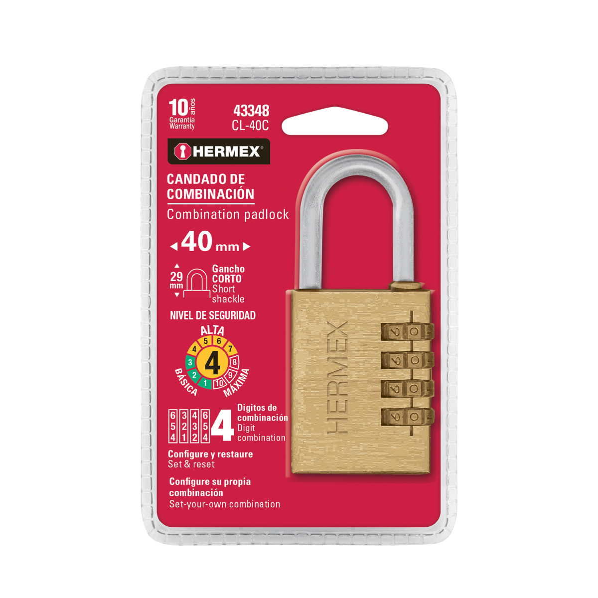 Candado de combinación 40 mm cuerpo de latón Hermex6