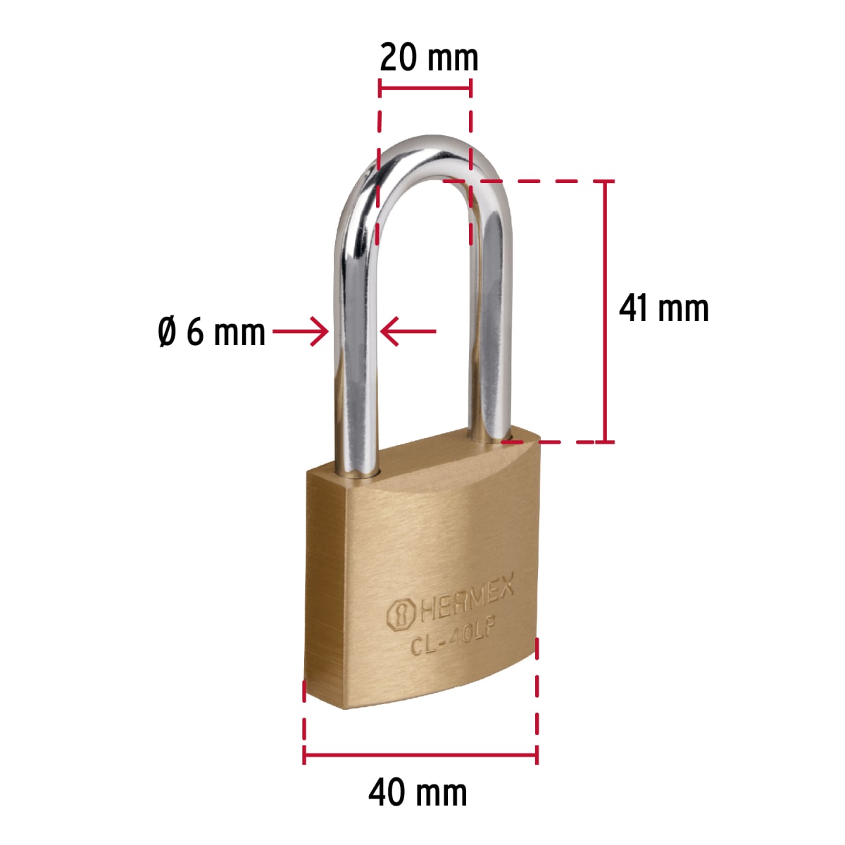 Candado de latón 40 mm arco largo, en blíster, Hermex Basic3
