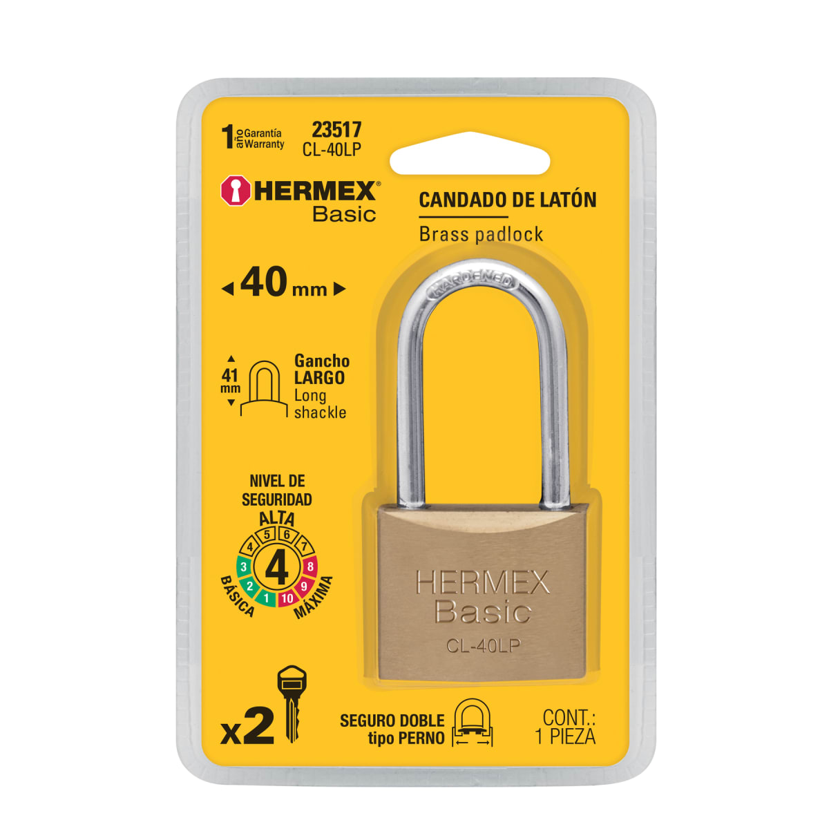 Candado de latón 40 mm arco largo, en blíster, Hermex Basic6