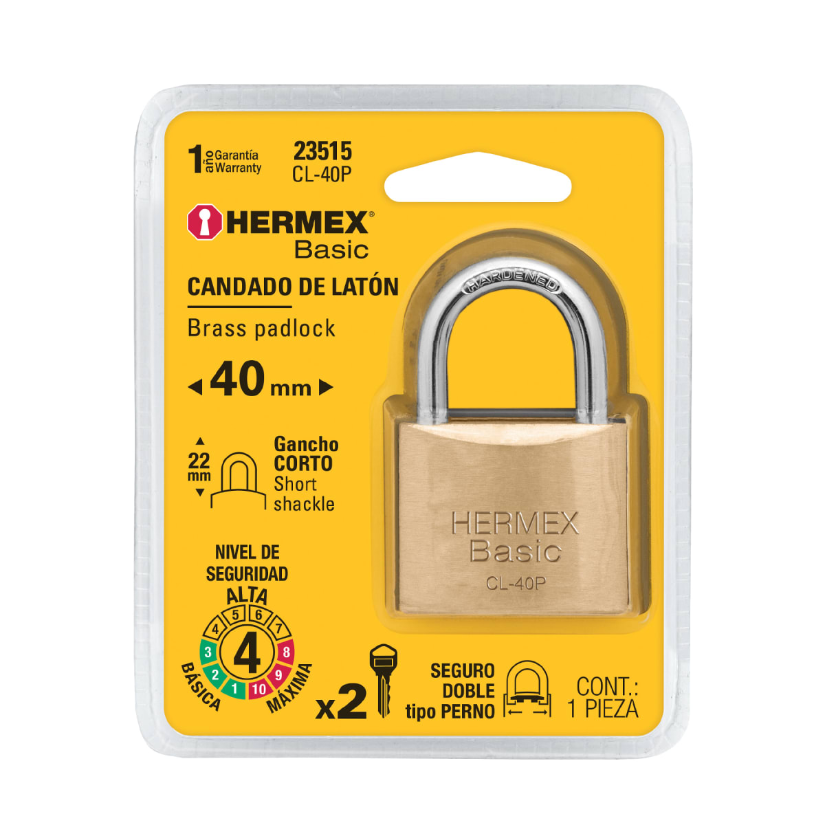 Candado de latón 40 mm arco normal, en blíster, Hermex Basic6