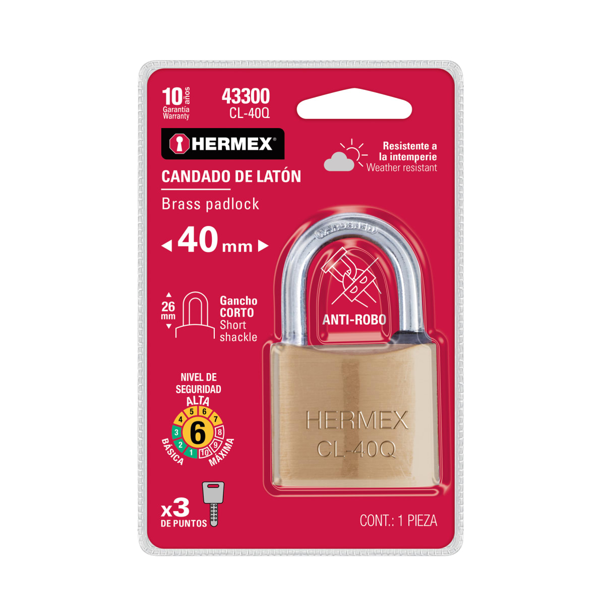 Candado de latón 40mm arco normal, llave puntos, blíster Hermex6