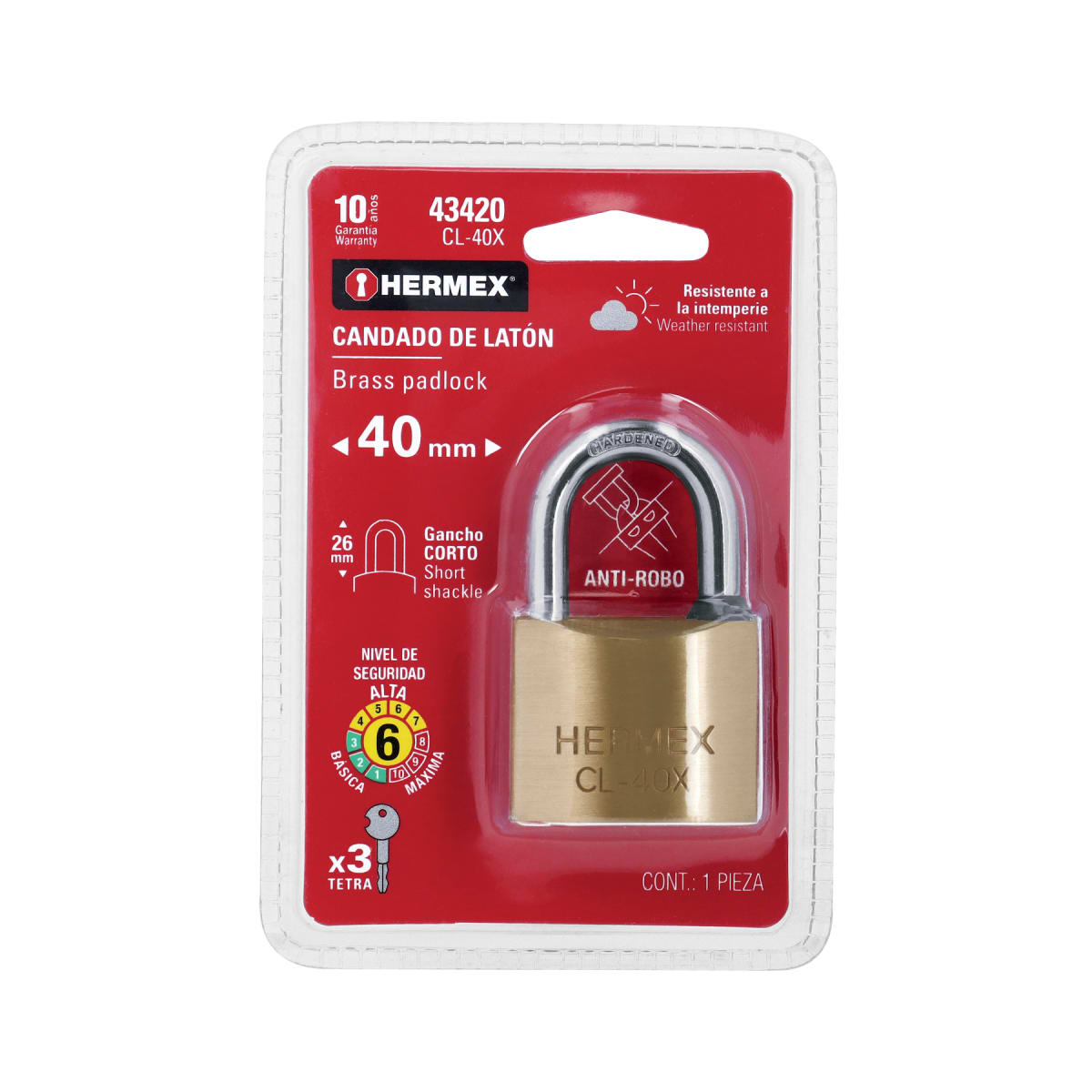 Candado de latón 40mm arco normal, llave tetra, blíster Hermex6