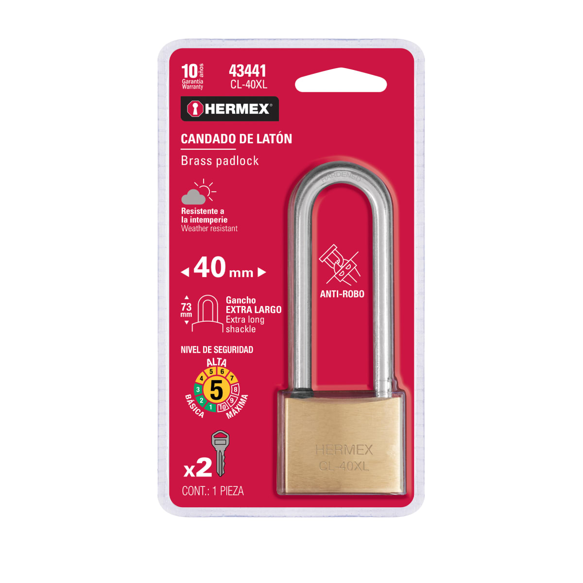 Candado de latón 40 mm arco extra largo, en blíster, Hermex6