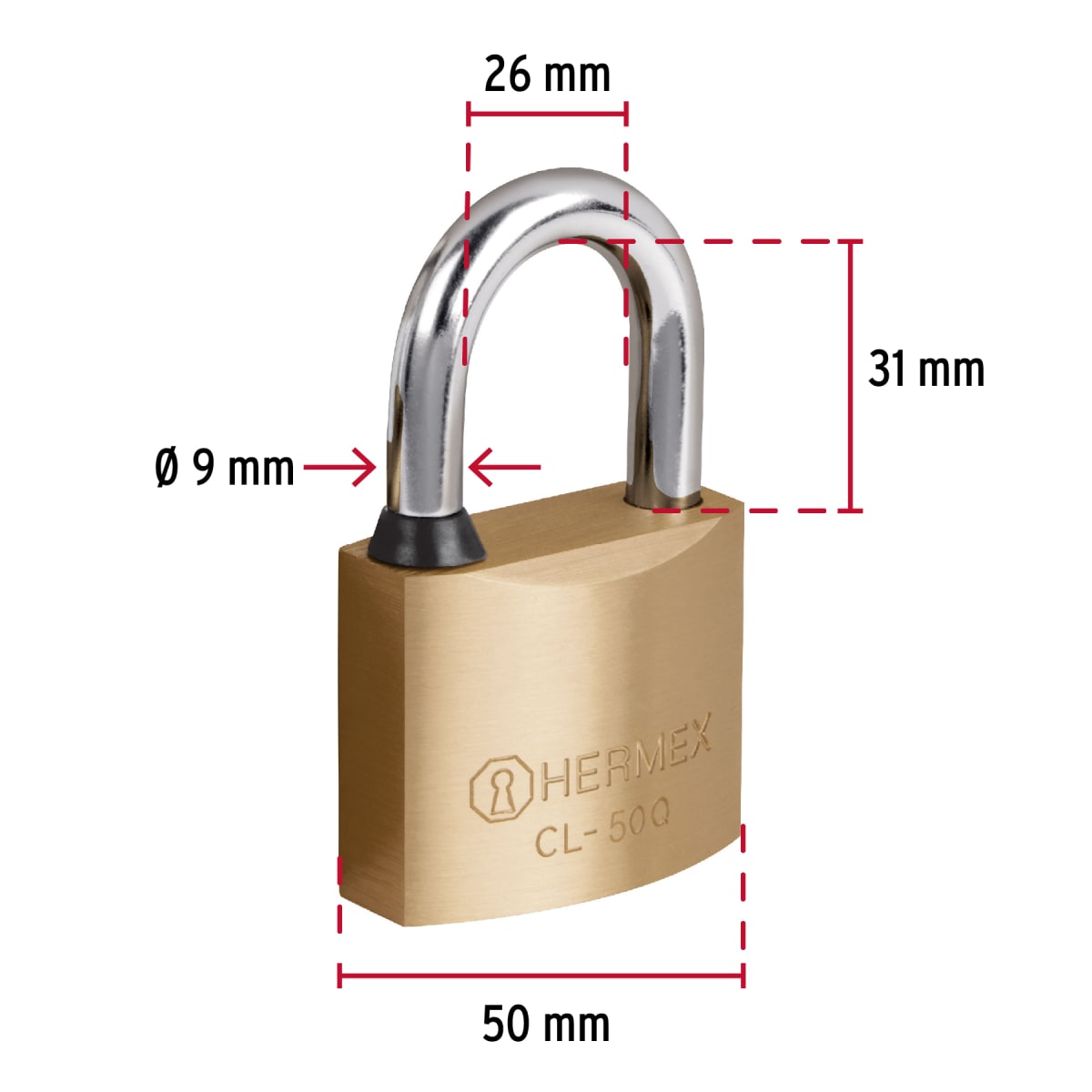 Candado de latón 50 mm arco normal, llave de puntos,blíster Hermex3
