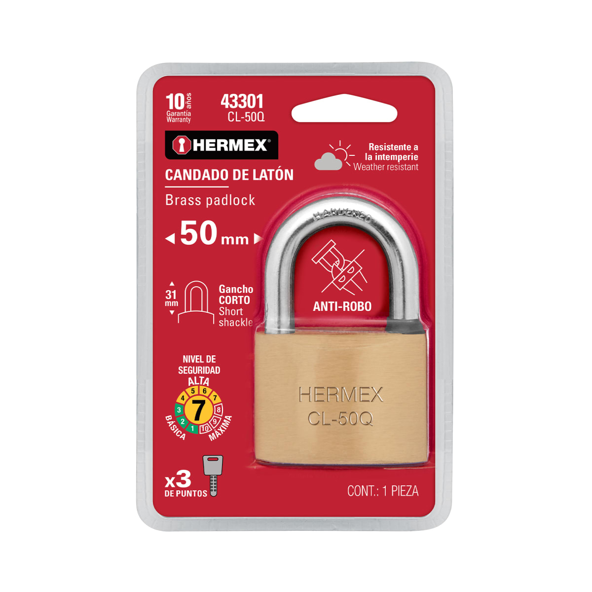 Candado de latón 50 mm arco normal, llave de puntos,blíster Hermex6