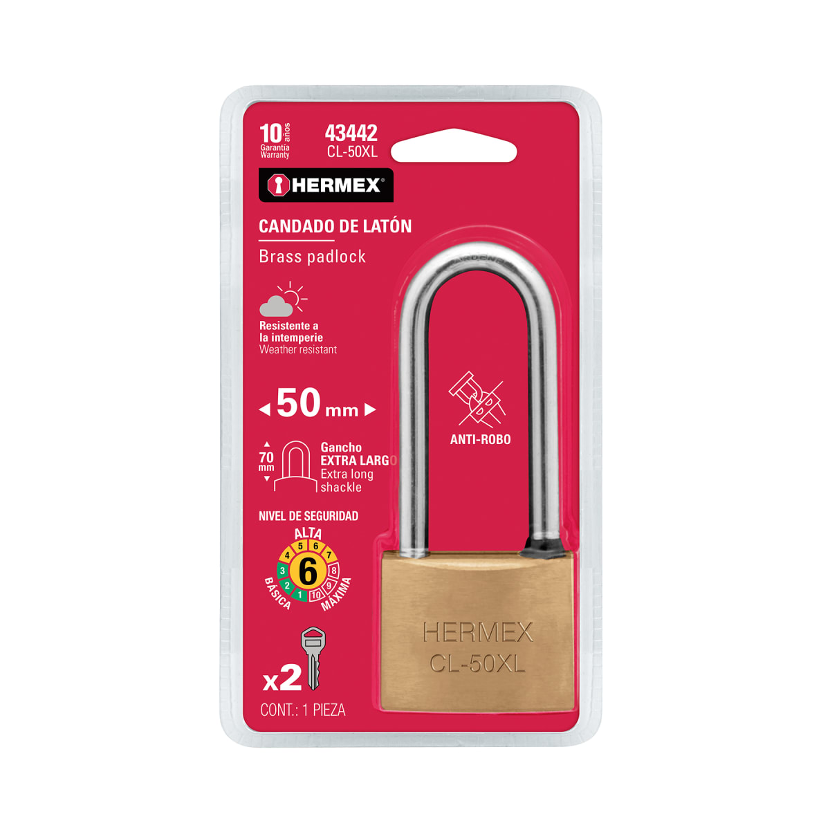 Candado de latón 50 mm arco extra largo, en blíster, Hermex6