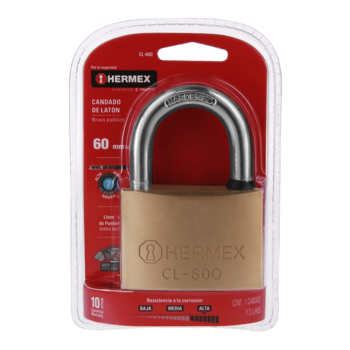 Candado de latón 60 mm arco normal, llave de puntos,blíster Hermex6