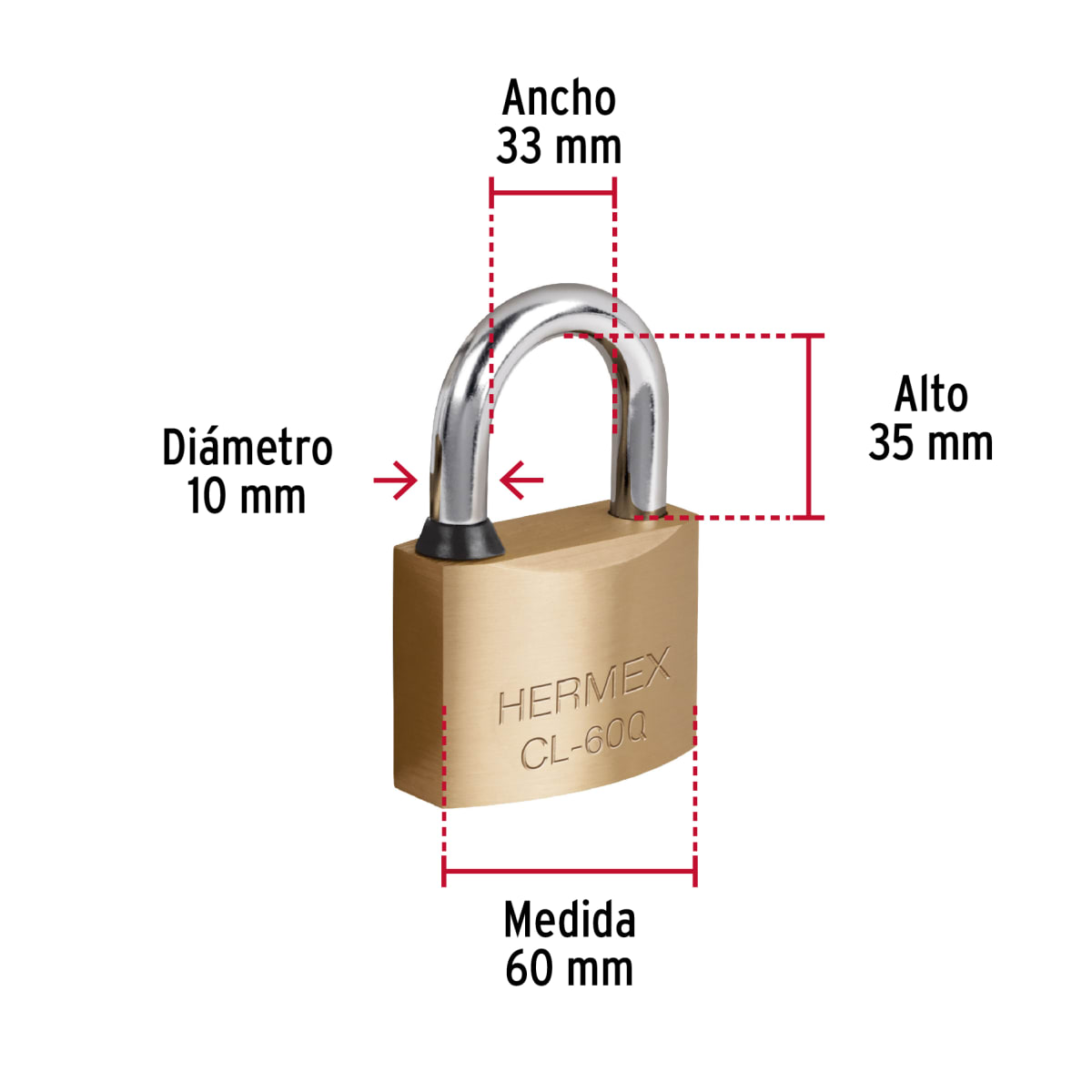 Candado de latón 60 mm arco normal, llave de puntos,blíster Hermex3