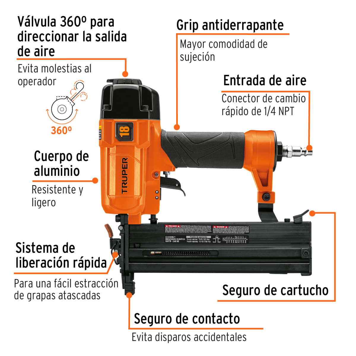 Kit Compresora 25 L , manguera 10m con clavadora y engrapadora Calibre 18 Truper4