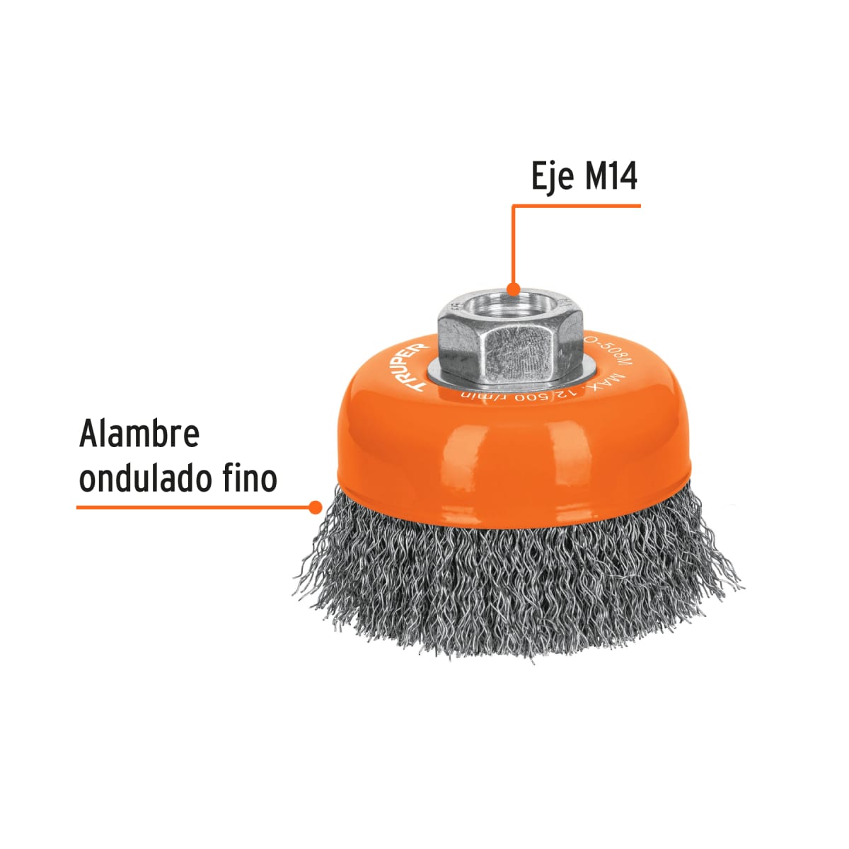 Escobilla tipo copa 3'' alambre ondulado fino eje m14 Truper2