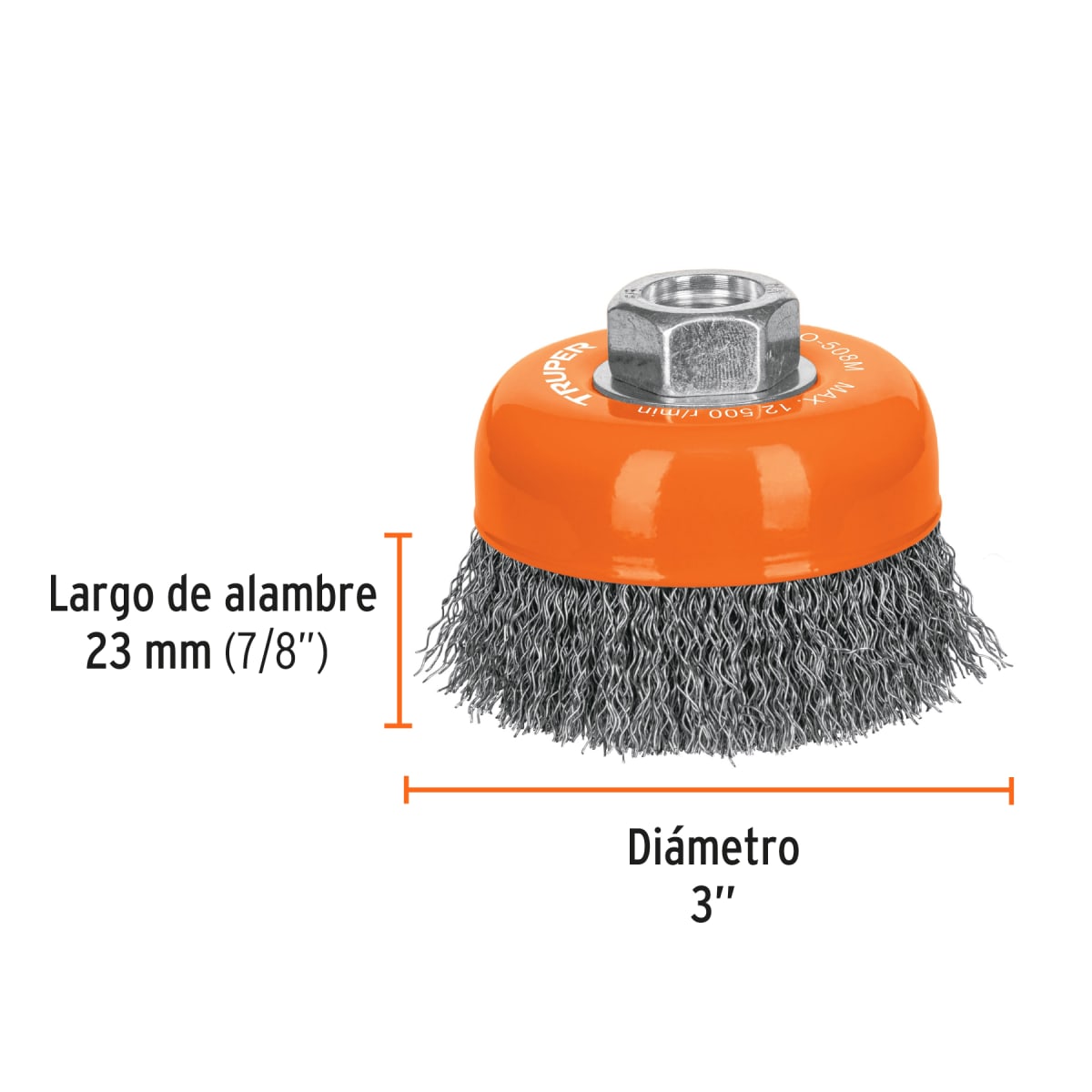 Escobilla tipo copa 3'' alambre ondulado fino eje m14 Truper3