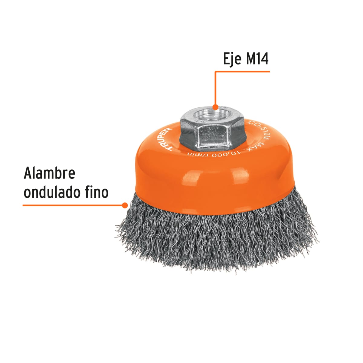 Escobilla tipo copa 4'' alambre ondulado fino. eje m14. truper2