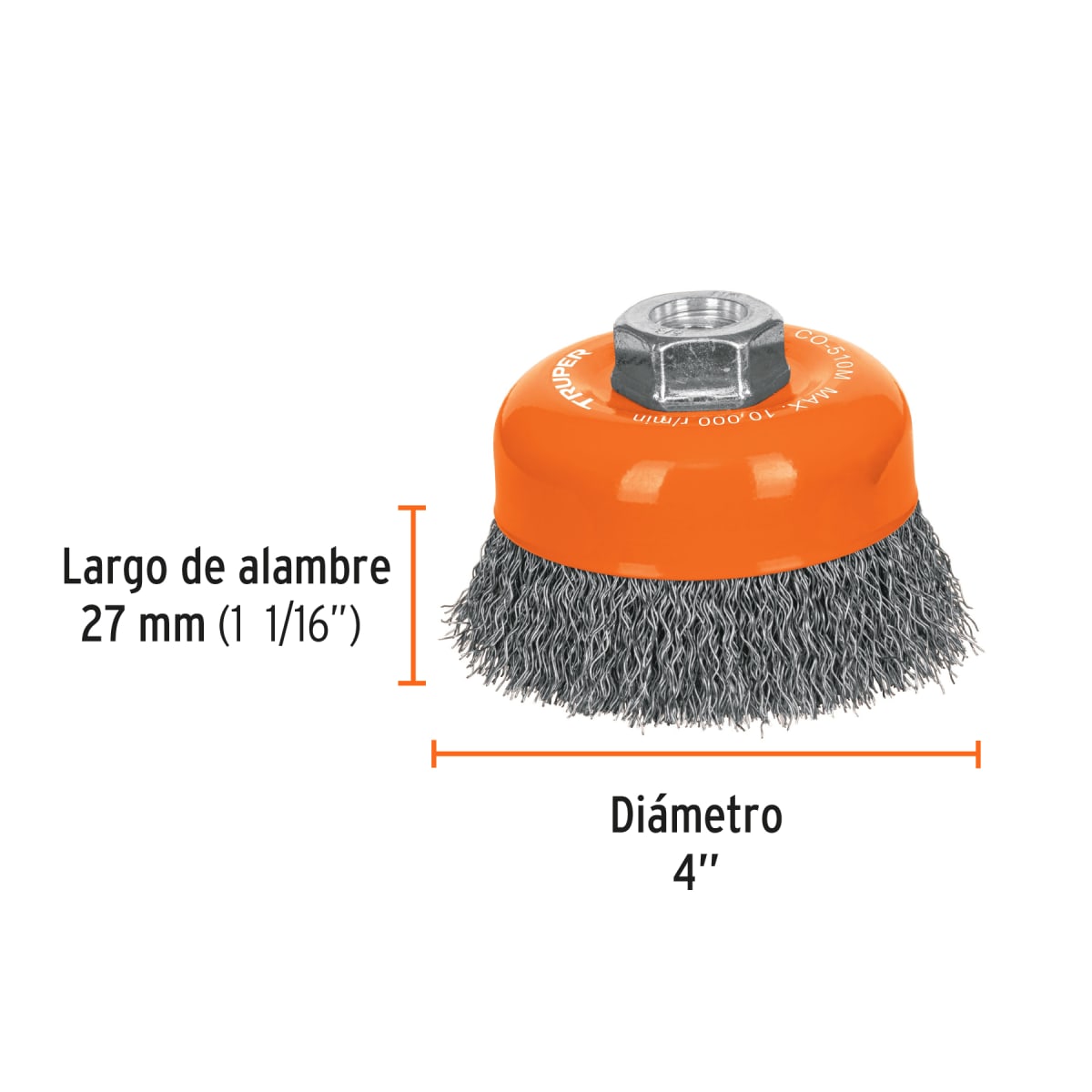 Escobilla tipo copa 4'' alambre ondulado fino. eje m14. truper3