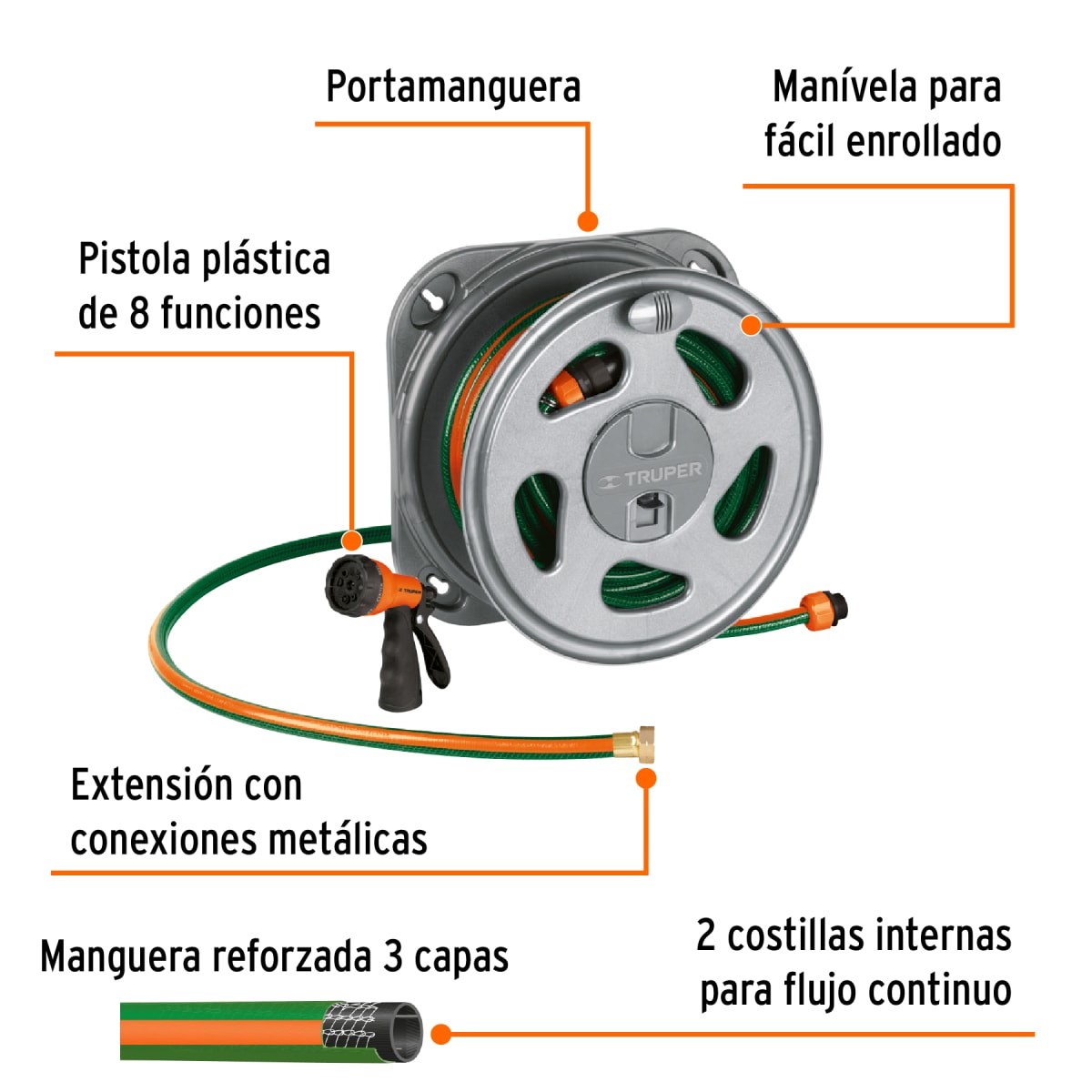 Combo manguera 20m + pistola de riego y porta manguera truper4