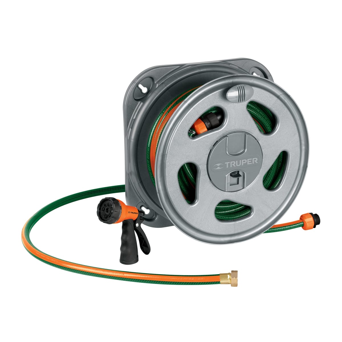 Combo manguera 20m + pistola de riego y porta manguera truper1
