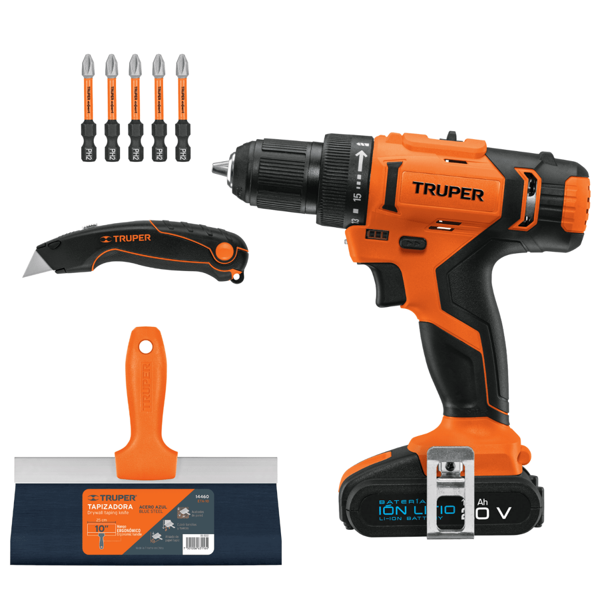 Combo taladro atornillador + navaja profesional + brocas y espátula Truper1