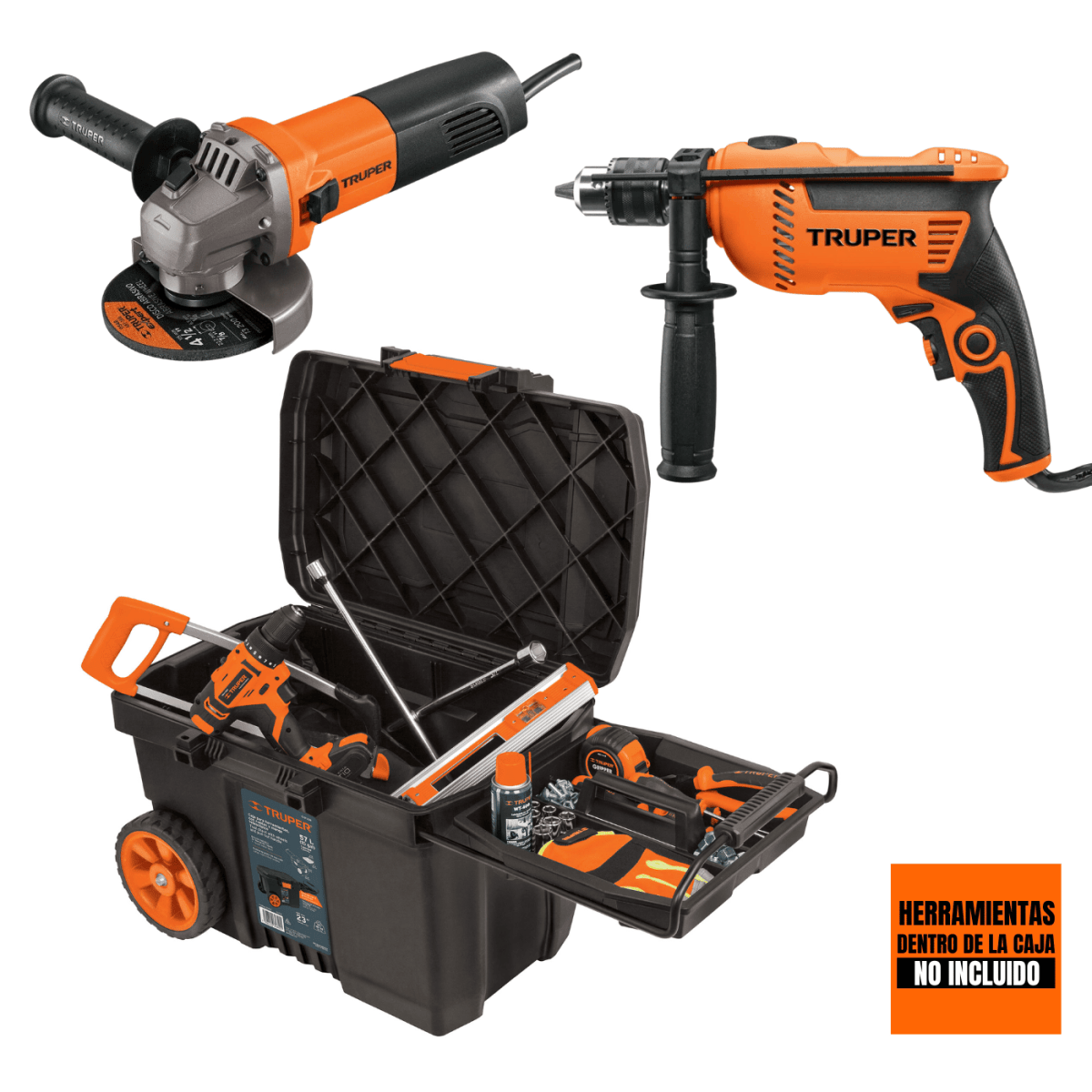 Taladro Percutor 600W + Amoladora 4 1/2 800W + Caja de herramientas con ruedas Truper1