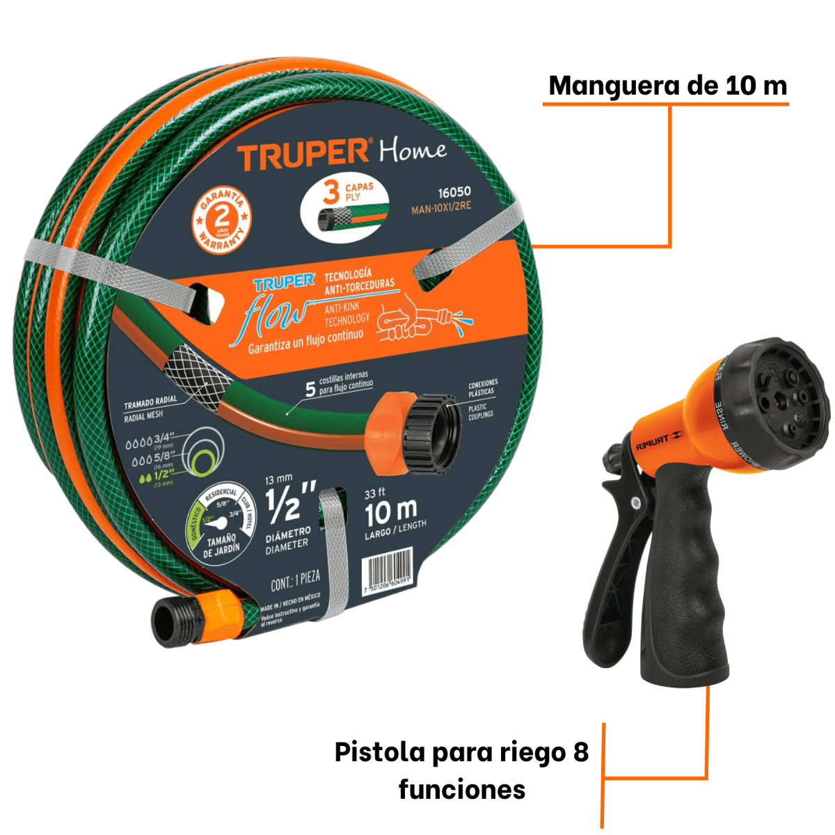 Manguera de riego 10m + pistola de riego 8 funciones Truper2