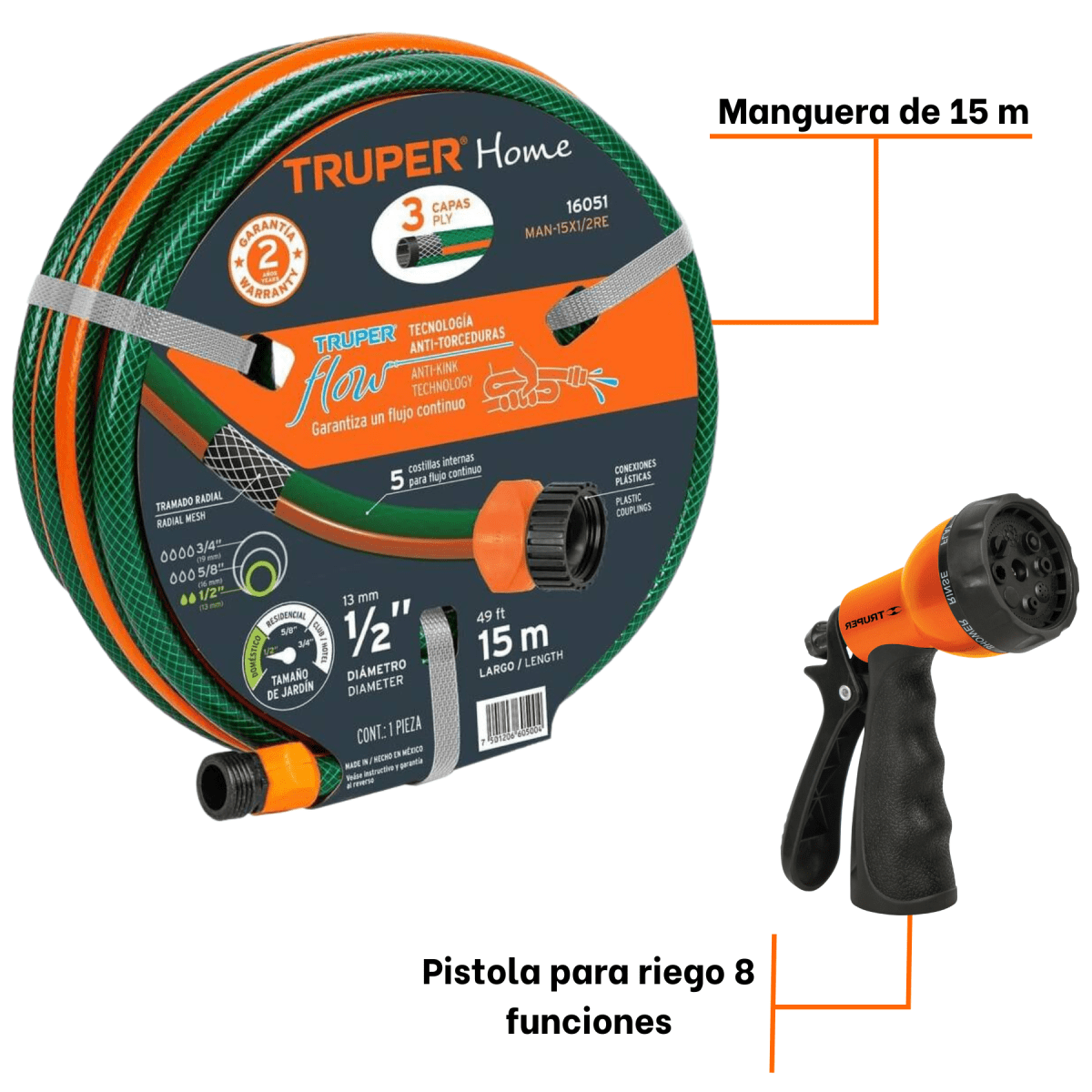 Manguera de riego 15m + pistola de riego 8 funciones Truper2