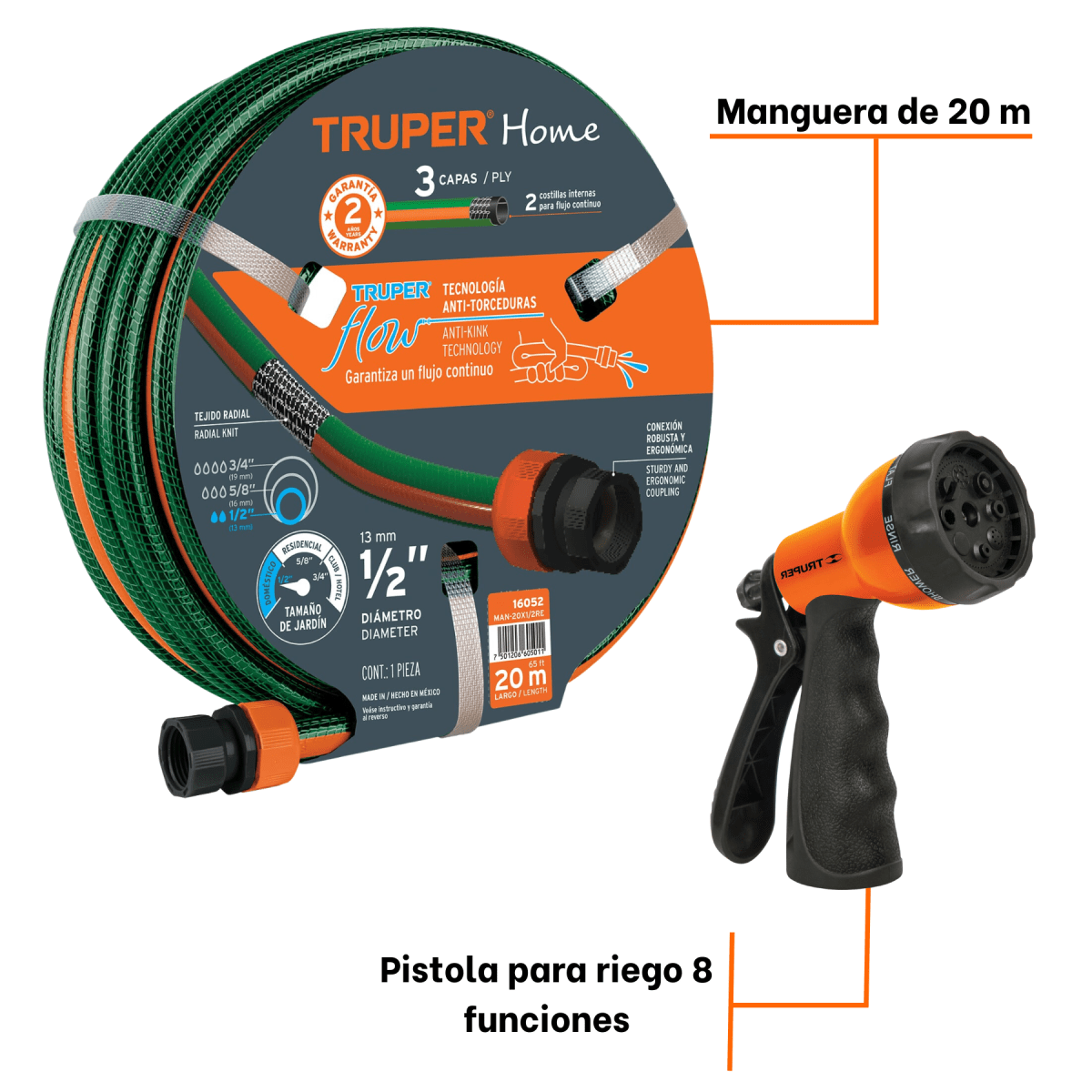 Manguera de riego 20m + pistola de riego 8 funciones Truper3