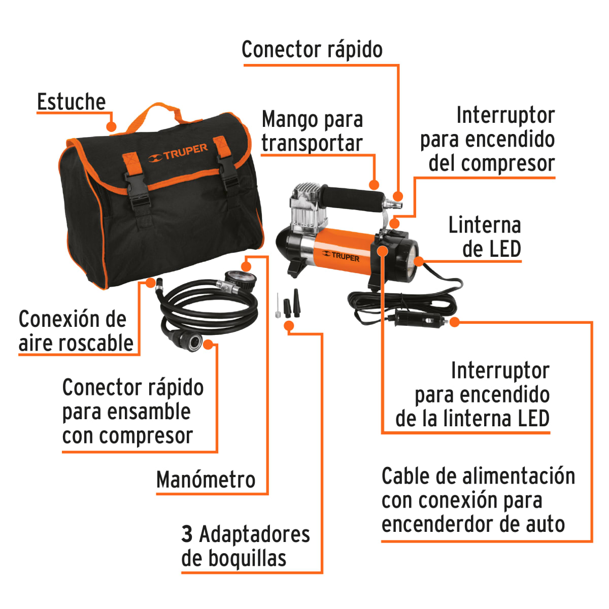 Inflador Compresor de aire 12V portatil para auto incluye maletin Truper2