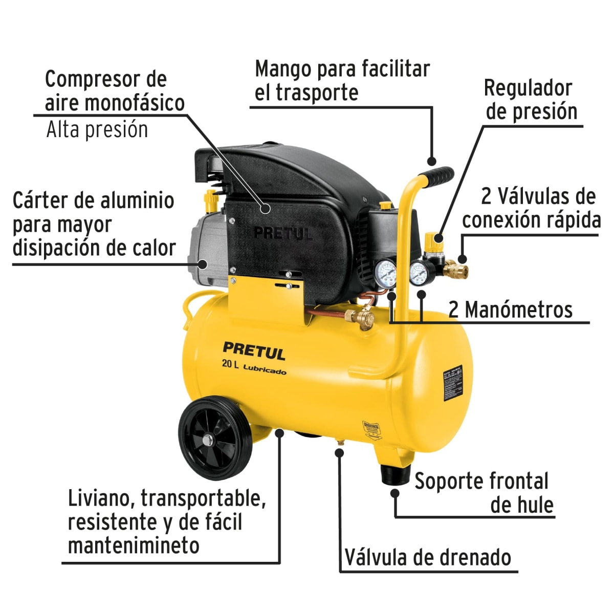 Kit Compresora lubricada 20 L Pretul + Pistola para pintar Baja presion Naranja y manguera de pvc para compresor, 5 m x 1/4', pretul3