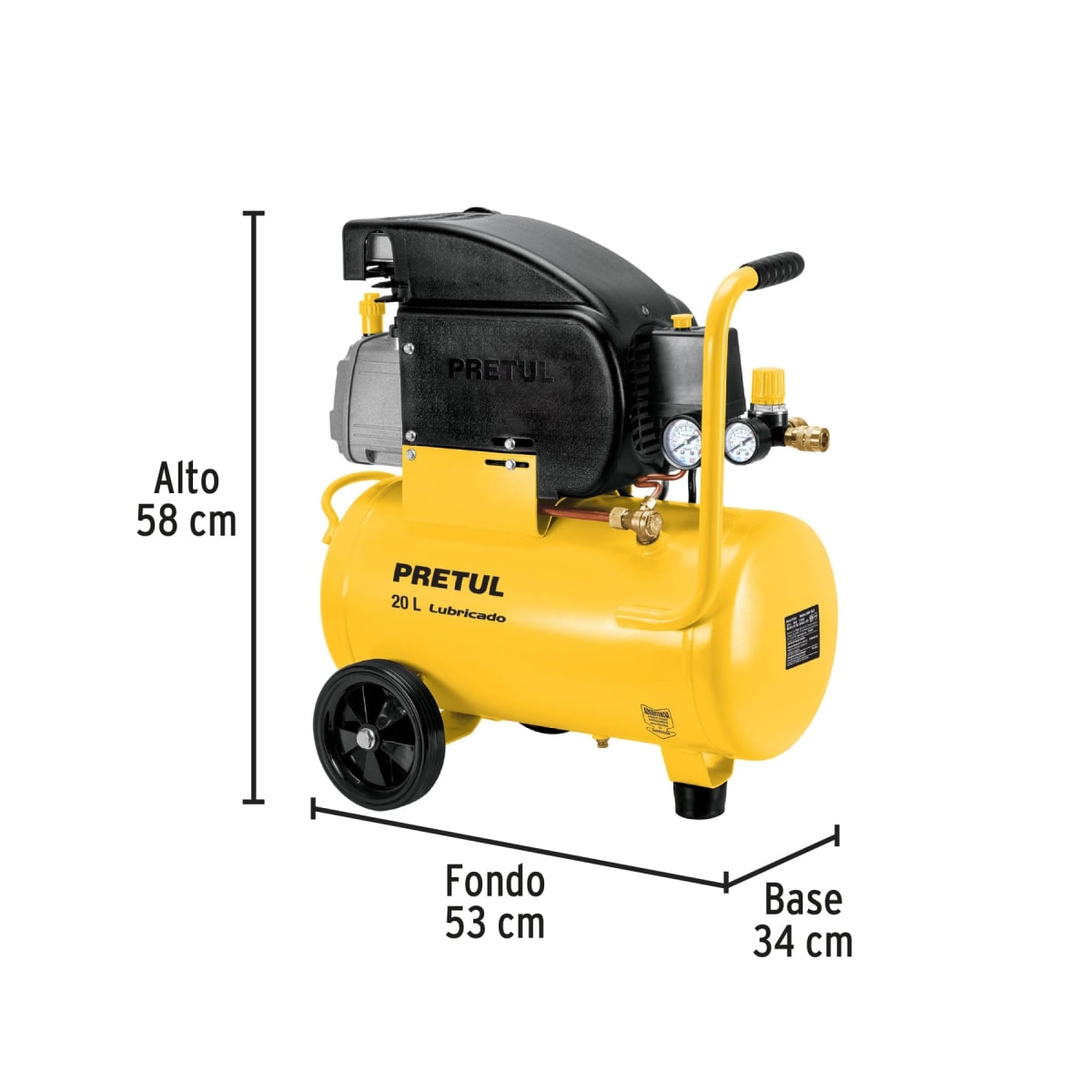 Kit Compresora lubricada 20 L Pretul + Pistola para pintar Baja presion Naranja y manguera de pvc para compresor, 5 m x 1/4', pretul4