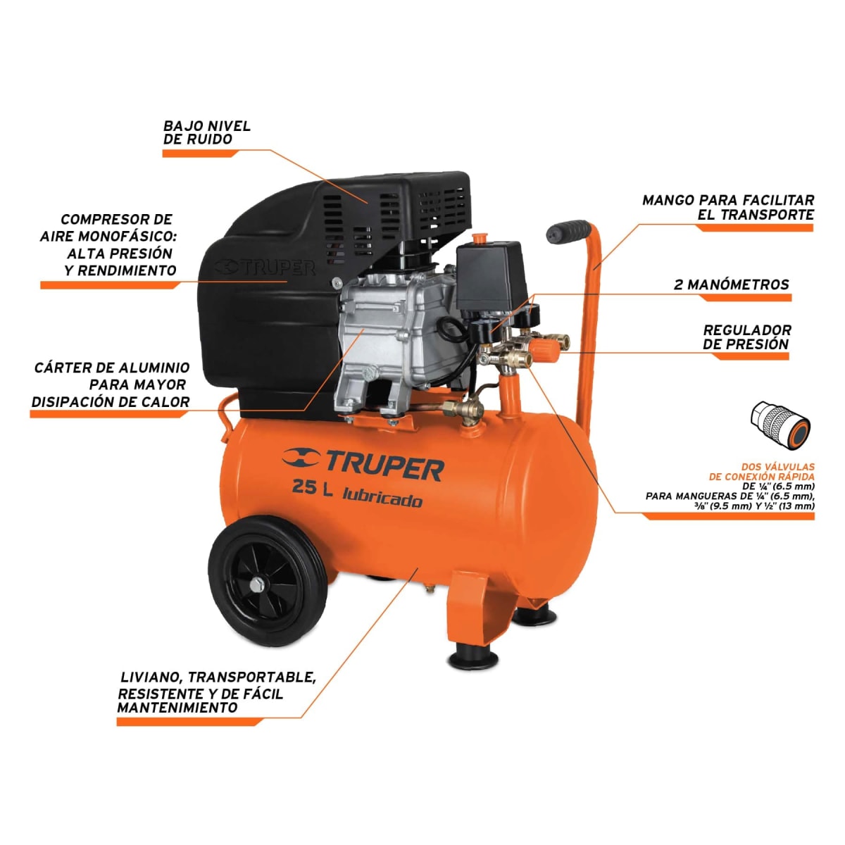 KIT Compresora lubricada, 25 L + MANGUERA TIPO RESORTE 15M Y PISTOLA DE SOPLETEAR TRUPER2