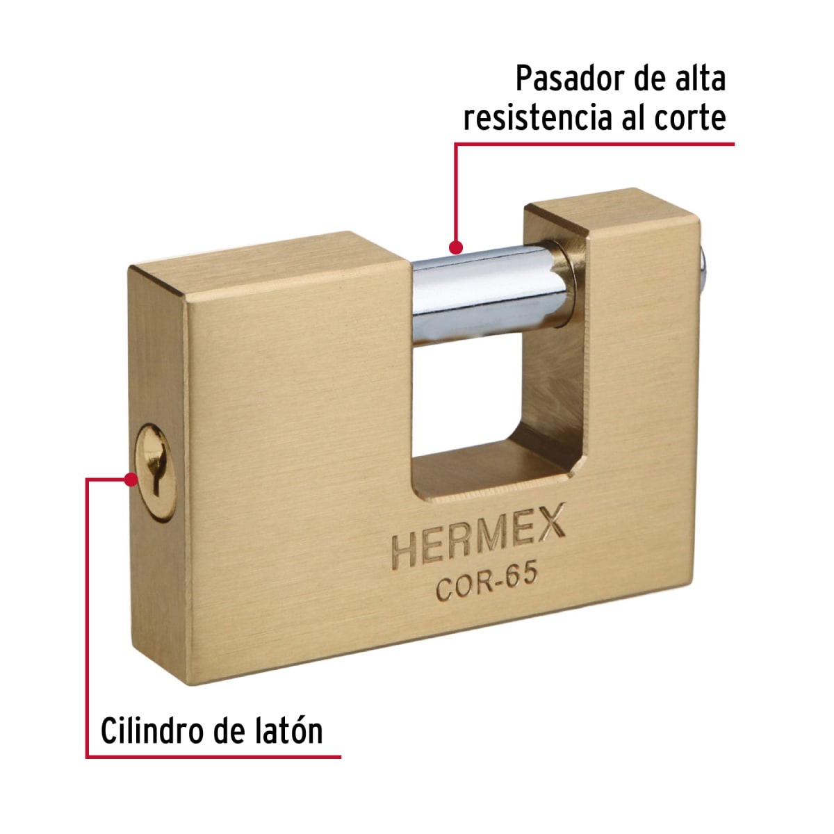 Candado antipalanca 65mm, cuerpo de latón llave tradicional Hermex2