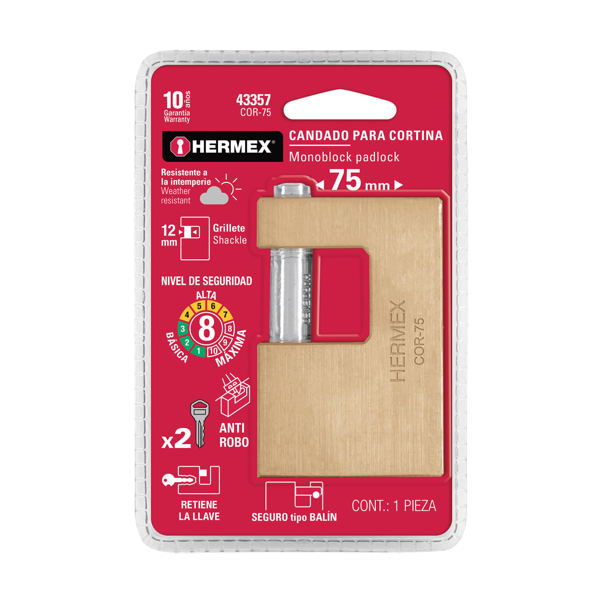 Candado antipalanca 75 mm cuerpo de latón llave tradicional Hermex6