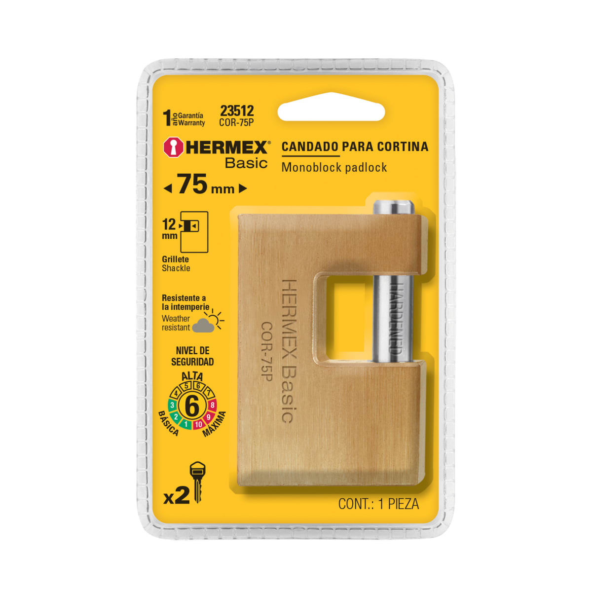 Candado antipalanca 75 mm cuerpo de latón, Hermex Basic6