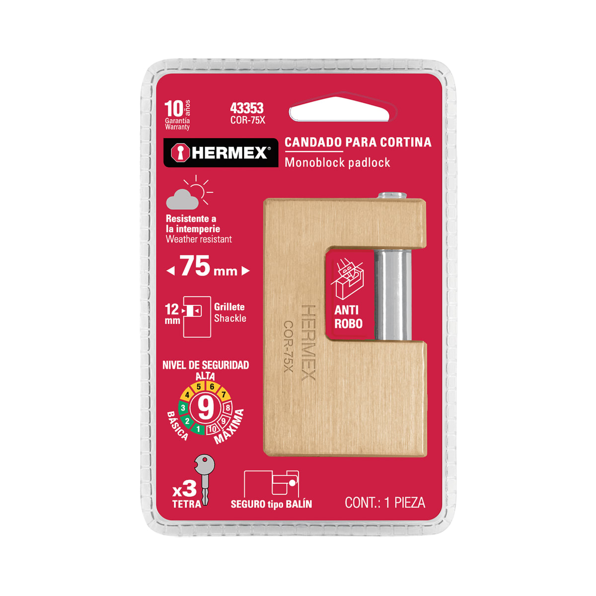 Candado antipalanca 75 mm cuerpo de latón, llave tetra Hermex6