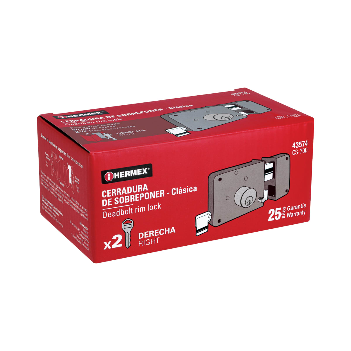 Chapa cerradura de sobreponer derecha clasica Hermex7