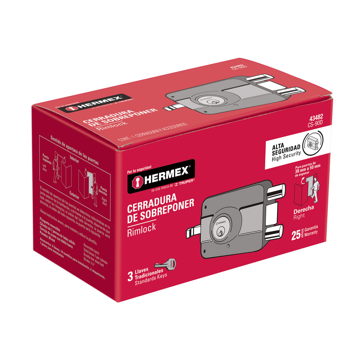 Chapa cerradura de sobreponer derecha alta segurida Hermex6