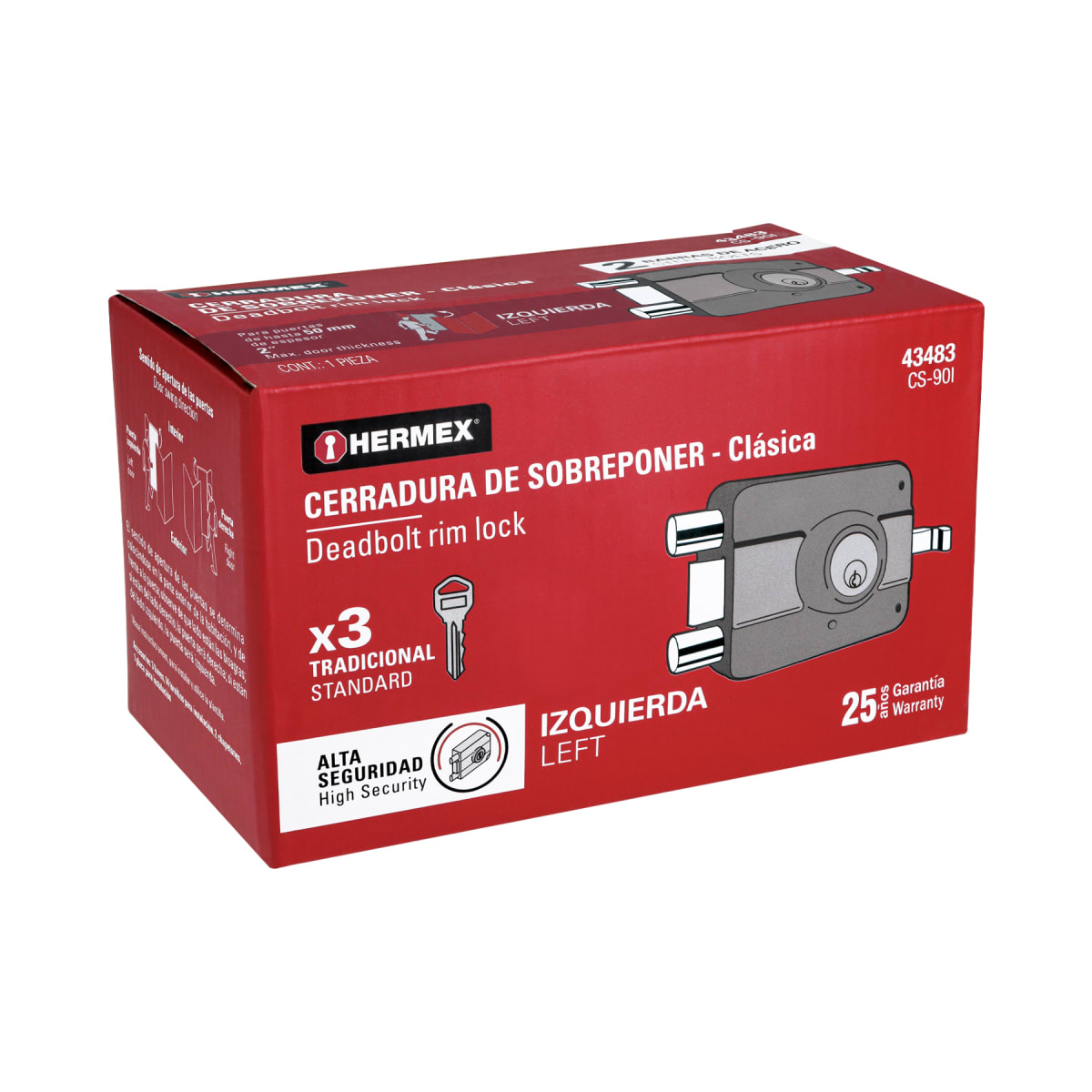 Chapa cerradura de sobreponer izquierda alta seguridad Hermex6