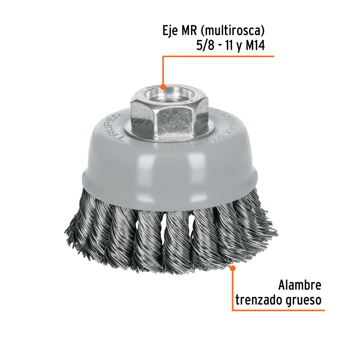 Escobilla tipo copa 3'' alambre trenzado grueso multi-rosca Truper2