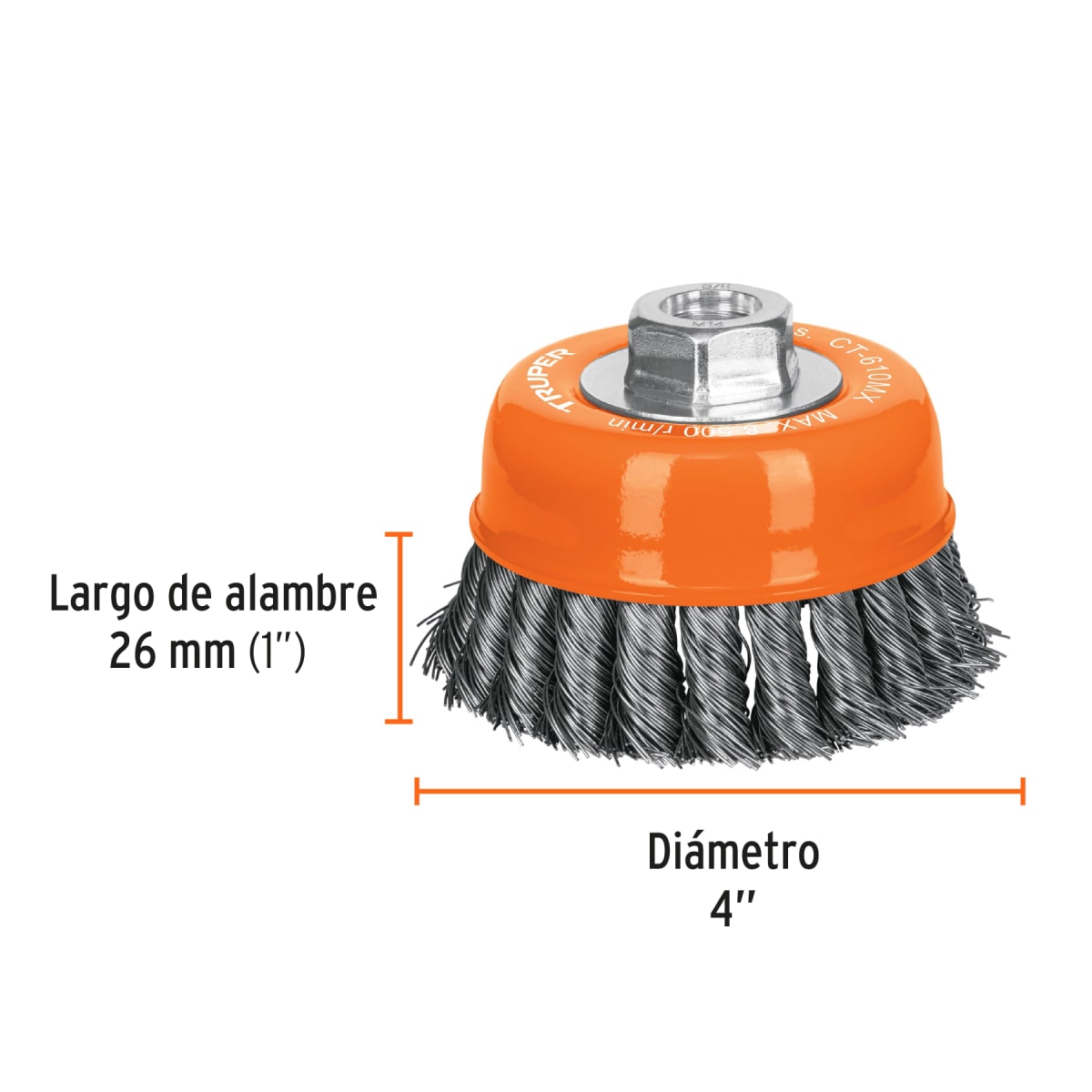 Escobilla tipo copa 4'' alambre trenzado grueso. eje m14 Truper3