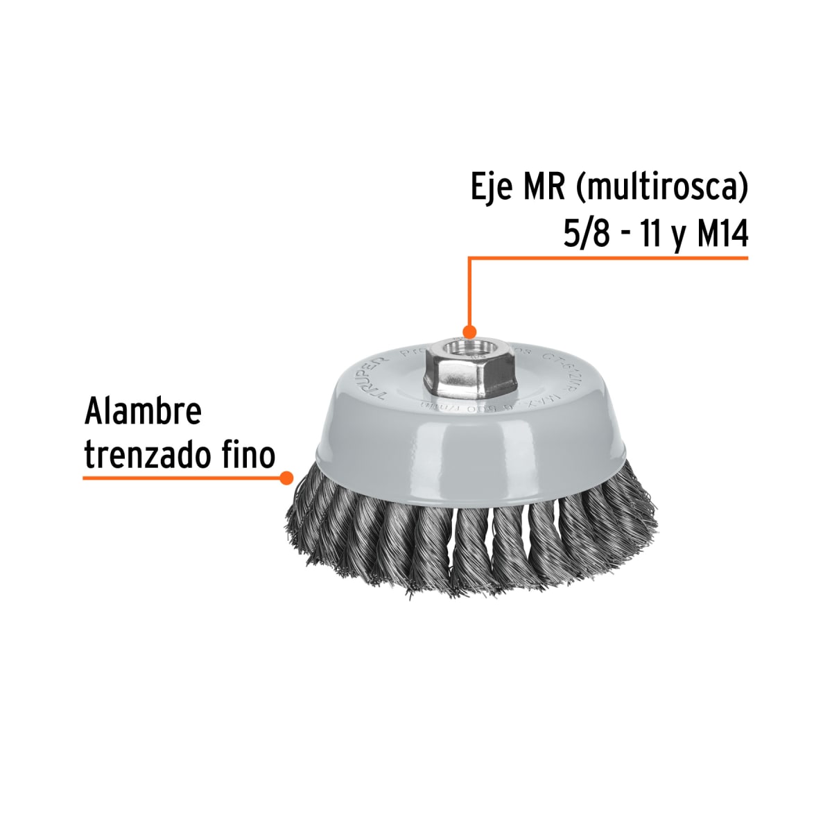 Escobilla tipo copa 5´´ alambre trenzado fino, Multi-rosca, Truper2